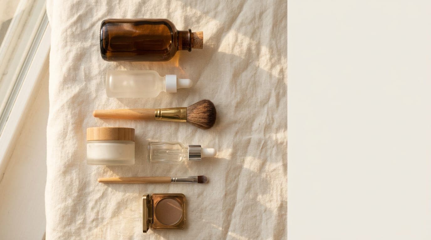 Luxury beauty products arranged on a soft neutral background with warm natural lighting.